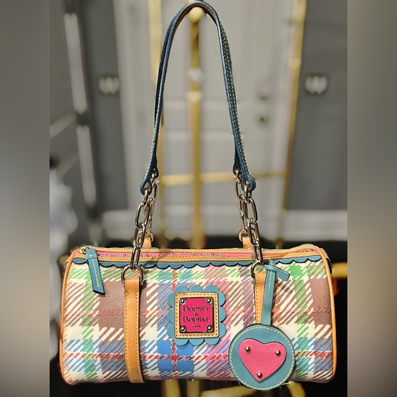 Dooney & Bourke Handbags - DOONEY & BOURKE VINTAGE Y2K MULTICOLOR PLAID PRINT BARREL BAG RARE